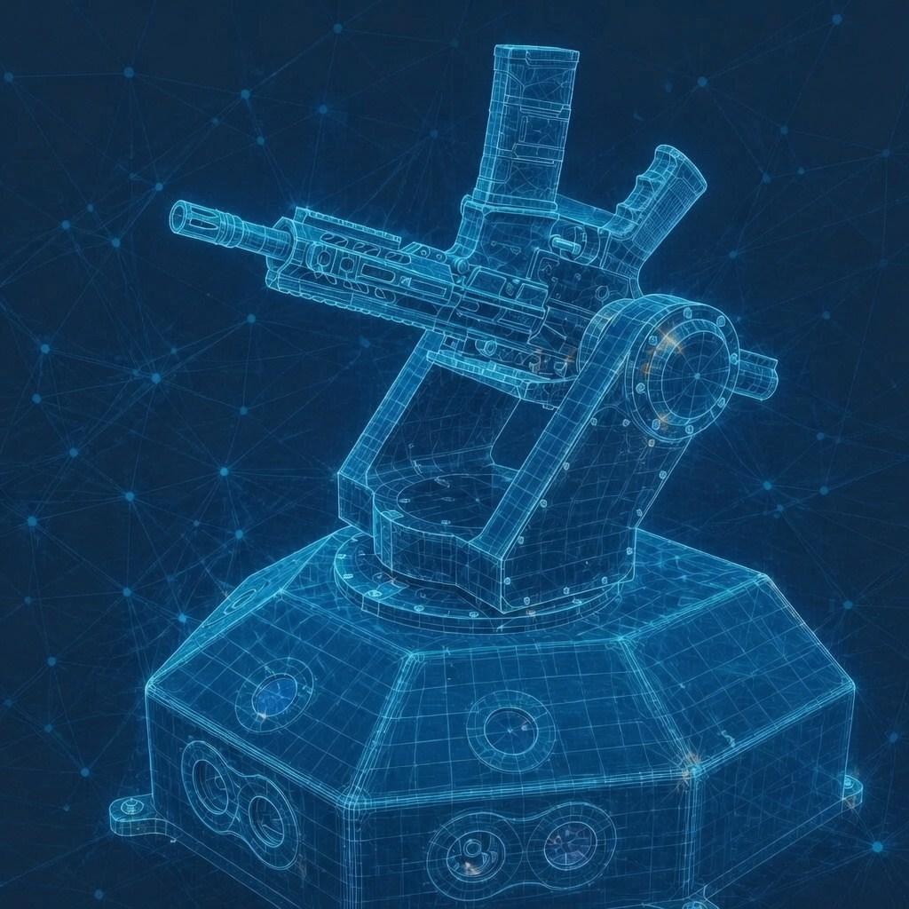 Wireframe render of the ForceField sentinel turret with its 360° sensor array base